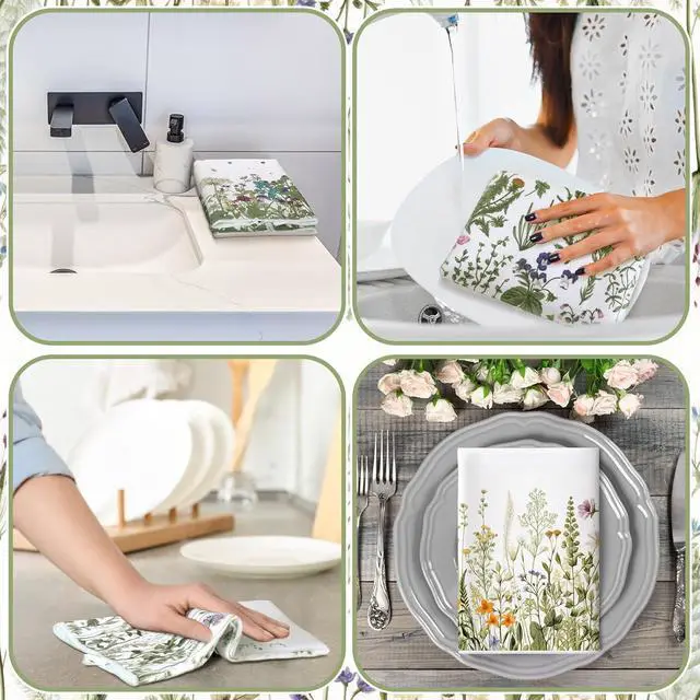 Alt view image 2 of 7 - Bencailor 4 Pcs Wildflower Kitchen Towels Floral Hand Tea Towels Gifts | White Green Leaves Dishcloths Fast Drying Decorative Set Decor Housewarming Gift for Cooking Kitchen Bathroom