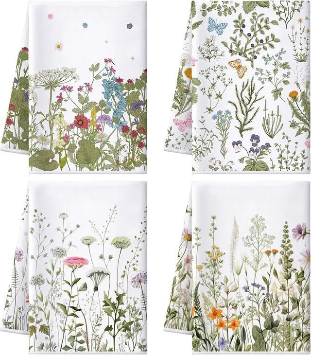Main image of Bencailor 4 Pcs Wildflower Kitchen Towels Floral Hand Tea Towels Gifts | White Green Leaves Dishcloths Fast Drying Decorative Set Decor Housewarming Gift for Cooking Kitchen Bathroom