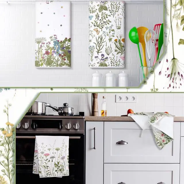 Alt view image 4 of 7 - Bencailor 4 Pcs Wildflower Kitchen Towels Floral Hand Tea Towels Gifts | White Green Leaves Dishcloths Fast Drying Decorative Set Decor Housewarming Gift for Cooking Kitchen Bathroom