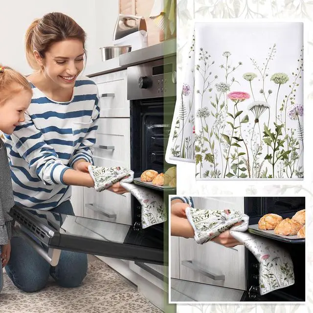 Alt view image 6 of 7 - Bencailor 4 Pcs Wildflower Kitchen Towels Floral Hand Tea Towels Gifts | White Green Leaves Dishcloths Fast Drying Decorative Set Decor Housewarming Gift for Cooking Kitchen Bathroom