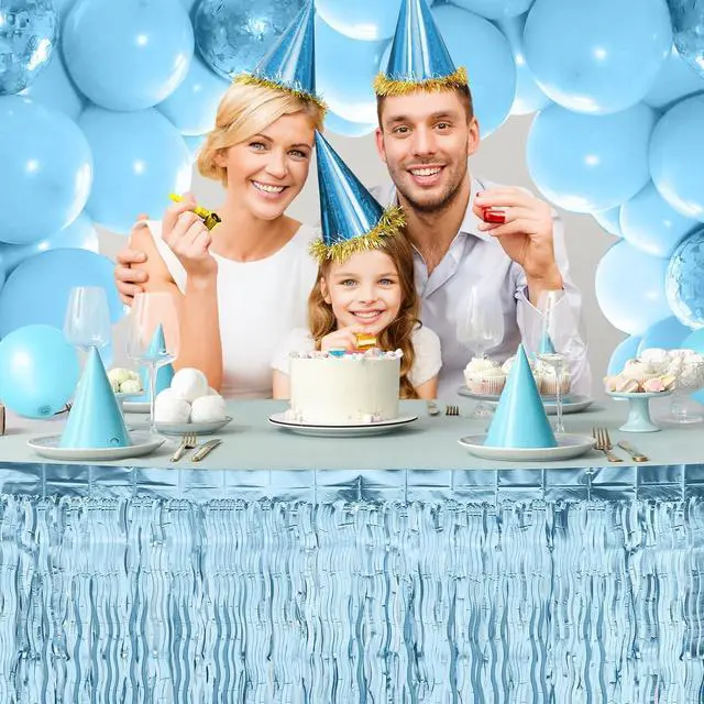 Alt view image 7 of 7 - Teenyyou 2 Pack Shiny Wavy Tinsel Foil Fringe Table Skirts Table Decorations for Mermaid Birthday Decorations, Summer Beach Theme, Ocean Tropical Shark Luau Birthday Party Decor(Light Blue)
