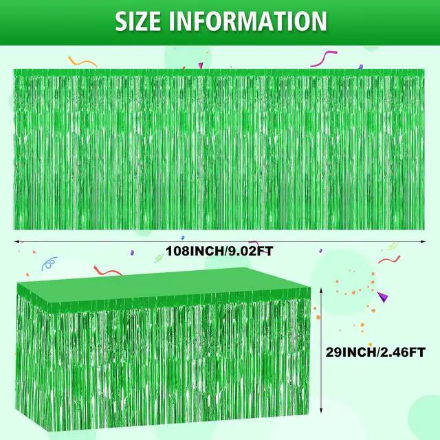 Alt view image 2 of 7 - 2 Pack 29.5x108 Inch Green Foil Tinsel Fringe Table Skirts, Disposable Table Skirts for Rectangle Tables Curtains Backdrop Parade Wedding Floats Baby Shower Birthday Mardi Gras Party