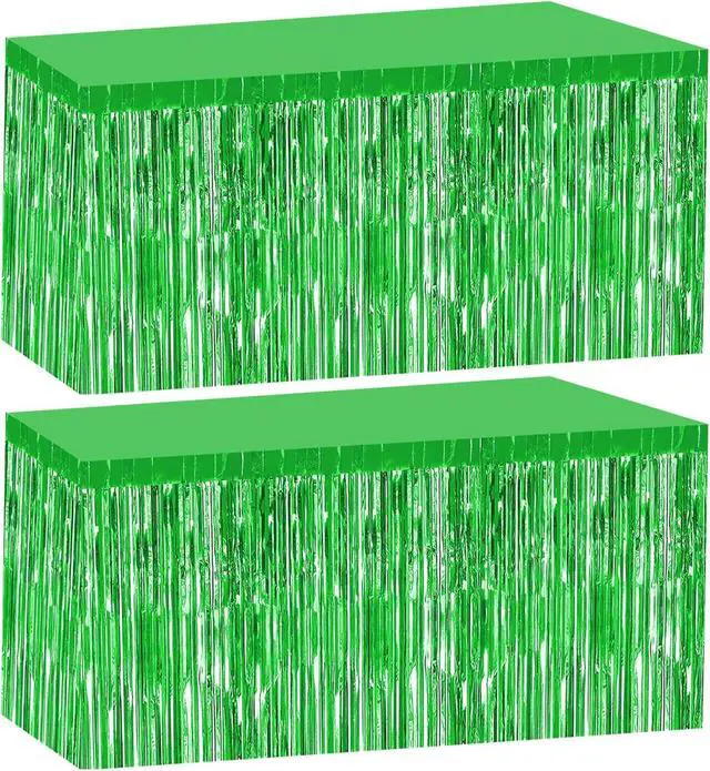 Main image of 2 Pack 29.5x108 Inch Green Foil Tinsel Fringe Table Skirts, Disposable Table Skirts for Rectangle Tables Curtains Backdrop Parade Wedding Floats Baby Shower Birthday Mardi Gras Party