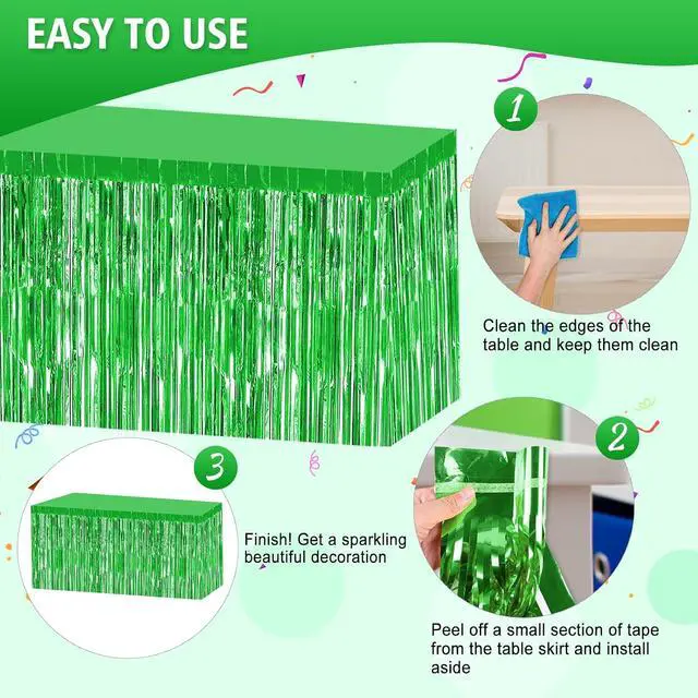 Alt view image 4 of 7 - 2 Pack 29.5x108 Inch Green Foil Tinsel Fringe Table Skirts, Disposable Table Skirts for Rectangle Tables Curtains Backdrop Parade Wedding Floats Baby Shower Birthday Mardi Gras Party