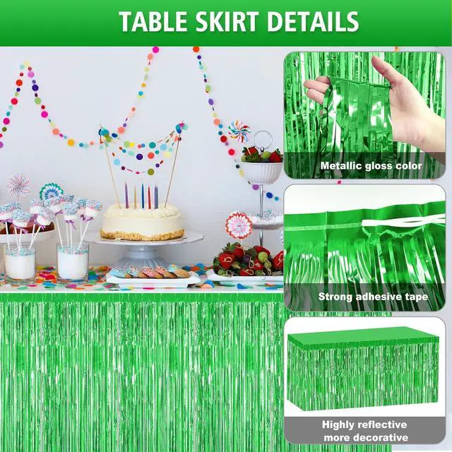 Alt view image 3 of 7 - 2 Pack 29.5x108 Inch Green Foil Tinsel Fringe Table Skirts, Disposable Table Skirts for Rectangle Tables Curtains Backdrop Parade Wedding Floats Baby Shower Birthday Mardi Gras Party