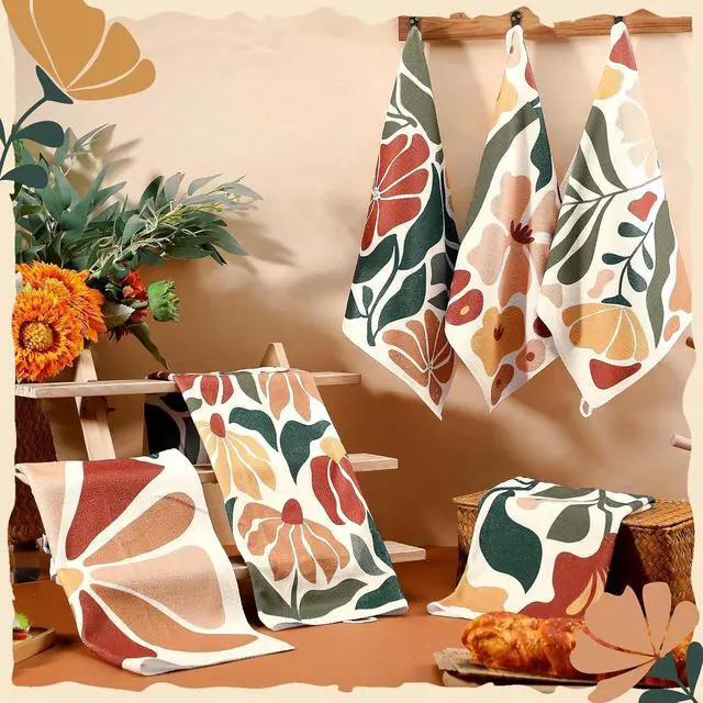 Alt view image 2 of 6 - Breling 6 Pack Boho Floral Kitchen Towels, Vintage Dish Towels 14x21 Inch | Decorative Hand Cloths for Drying Dishes, Rustic Cotton Linen for Cooking, Charming Housewarming Gift for Bathroom Decor