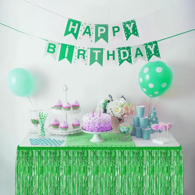 Alt view image 5 of 7 - 2 Pack 29.5x108 Inch Green Foil Tinsel Fringe Table Skirts, Disposable Table Skirts for Rectangle Tables Curtains Backdrop Parade Wedding Floats Baby Shower Birthday Mardi Gras Party