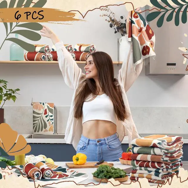 Alt view image 4 of 6 - Breling 6 Pack Boho Floral Kitchen Towels, Vintage Dish Towels 14x21 Inch | Decorative Hand Cloths for Drying Dishes, Rustic Cotton Linen for Cooking, Charming Housewarming Gift for Bathroom Decor