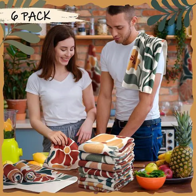 Alt view image 5 of 6 - Breling 6 Pack Boho Floral Kitchen Towels, Vintage Dish Towels 14x21 Inch | Decorative Hand Cloths for Drying Dishes, Rustic Cotton Linen for Cooking, Charming Housewarming Gift for Bathroom Decor
