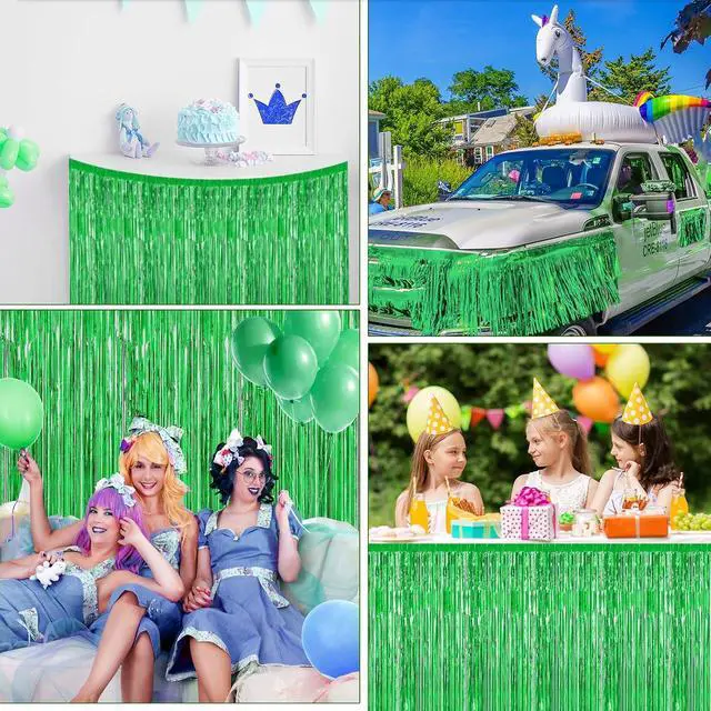 Alt view image 7 of 7 - 2 Pack 29.5x108 Inch Green Foil Tinsel Fringe Table Skirts, Disposable Table Skirts for Rectangle Tables Curtains Backdrop Parade Wedding Floats Baby Shower Birthday Mardi Gras Party