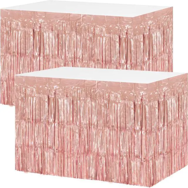 Main image of timecity 2 Packs Rose Gold Table Skirts Metallic Foil Fringe Table Skirt Streamer Backdrop for Bachelorette Valentine's Day Birthday Bridal Shower Engagement Party Decorations, 29.5x108 Inch