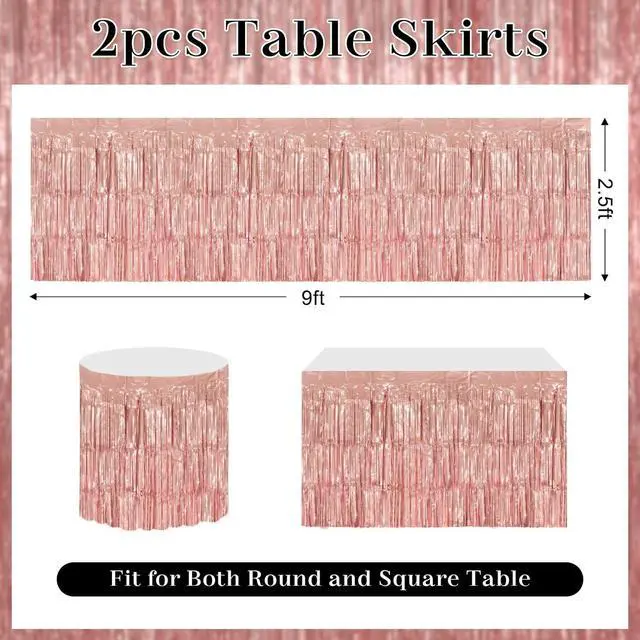 Alt view image 2 of 7 - timecity 2 Packs Rose Gold Table Skirts Metallic Foil Fringe Table Skirt Streamer Backdrop for Bachelorette Valentine's Day Birthday Bridal Shower Engagement Party Decorations, 29.5x108 Inch