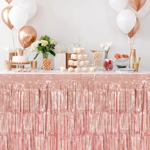 Alt view image 4 of 7 - timecity 2 Packs Rose Gold Table Skirts Metallic Foil Fringe Table Skirt Streamer Backdrop for Bachelorette Valentine's Day Birthday Bridal Shower Engagement Party Decorations, 29.5x108 Inch