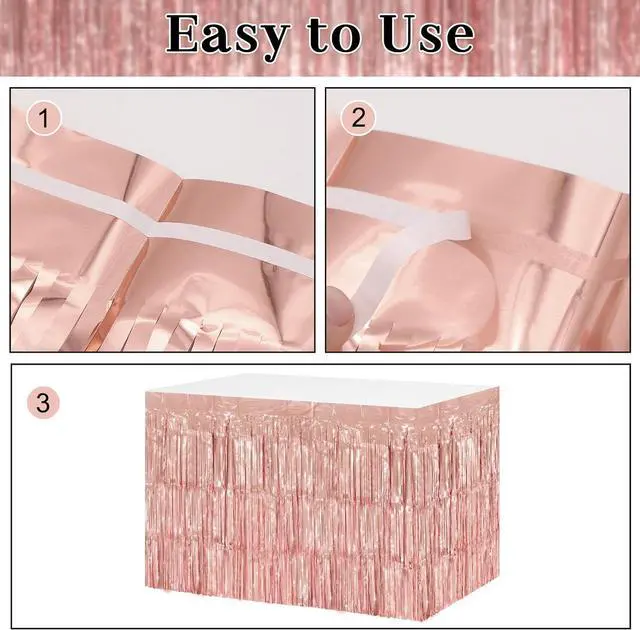 Alt view image 3 of 7 - timecity 2 Packs Rose Gold Table Skirts Metallic Foil Fringe Table Skirt Streamer Backdrop for Bachelorette Valentine's Day Birthday Bridal Shower Engagement Party Decorations, 29.5x108 Inch