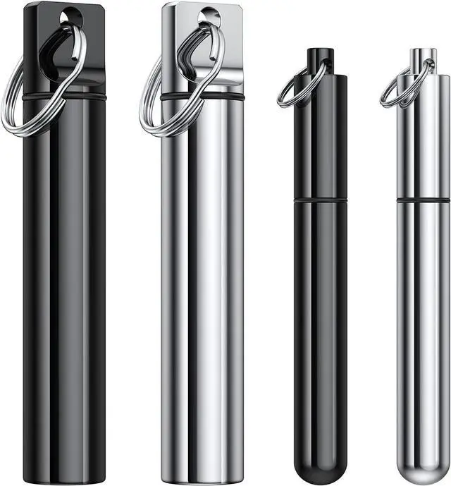 Main image of TecQach 4 Pieces Metal Portable Toothpick Holder, aluminum alloy Pocket Toothpick Holder Aluminum Waterproof Case Toothpick Container with Keychain for Outdoor Picnic and Camping(Silver, Black)