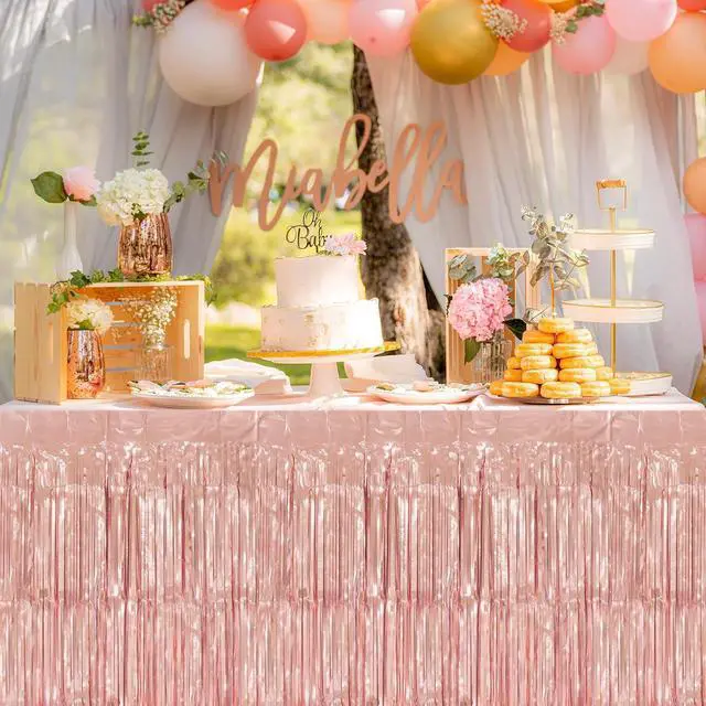 Alt view image 5 of 7 - timecity 2 Packs Rose Gold Table Skirts Metallic Foil Fringe Table Skirt Streamer Backdrop for Bachelorette Valentine's Day Birthday Bridal Shower Engagement Party Decorations, 29.5x108 Inch