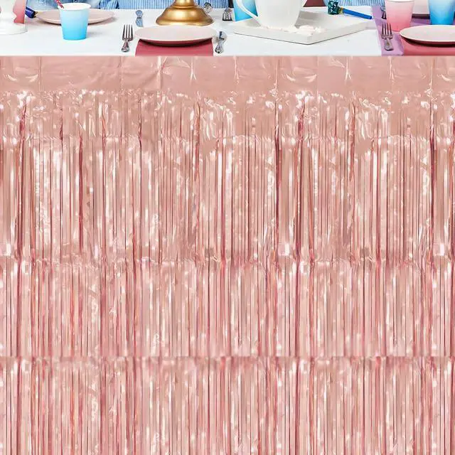 Alt view image 6 of 7 - timecity 2 Packs Rose Gold Table Skirts Metallic Foil Fringe Table Skirt Streamer Backdrop for Bachelorette Valentine's Day Birthday Bridal Shower Engagement Party Decorations, 29.5x108 Inch