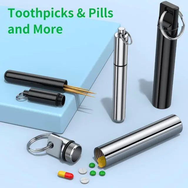 Alt view image 2 of 6 - TecQach 4 Pieces Metal Portable Toothpick Holder, aluminum alloy Pocket Toothpick Holder Aluminum Waterproof Case Toothpick Container with Keychain for Outdoor Picnic and Camping(Silver, Black)
