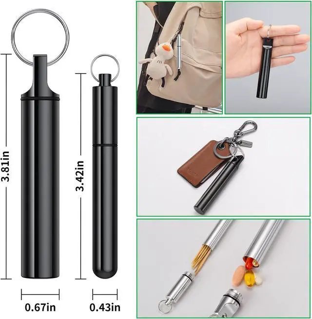 Alt view image 4 of 6 - TecQach 4 Pieces Metal Portable Toothpick Holder, aluminum alloy Pocket Toothpick Holder Aluminum Waterproof Case Toothpick Container with Keychain for Outdoor Picnic and Camping(Silver, Black)