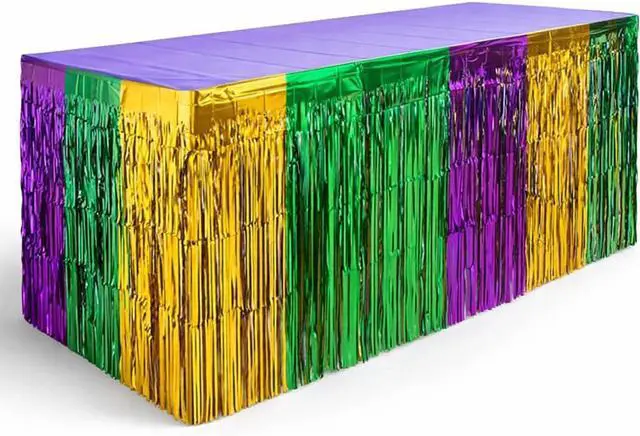 Main image of Giftexpress 2-pk Mardi Gras Metallic Fringe Table Skirts, Mardi Gras Party Table Skirt, Mardi Gras Table Decoration