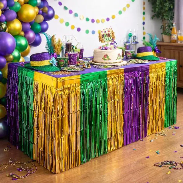 Alt view image 2 of 7 - Giftexpress 2-pk Mardi Gras Metallic Fringe Table Skirts, Mardi Gras Party Table Skirt, Mardi Gras Table Decoration