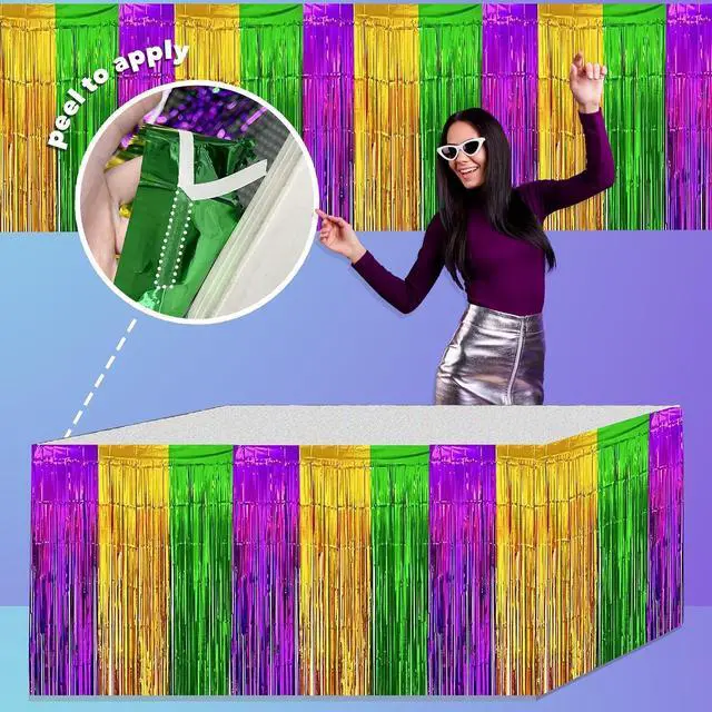 Alt view image 6 of 7 - Giftexpress 2-pk Mardi Gras Metallic Fringe Table Skirts, Mardi Gras Party Table Skirt, Mardi Gras Table Decoration