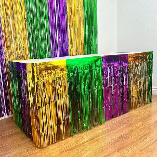 Alt view image 7 of 7 - Giftexpress 2-pk Mardi Gras Metallic Fringe Table Skirts, Mardi Gras Party Table Skirt, Mardi Gras Table Decoration