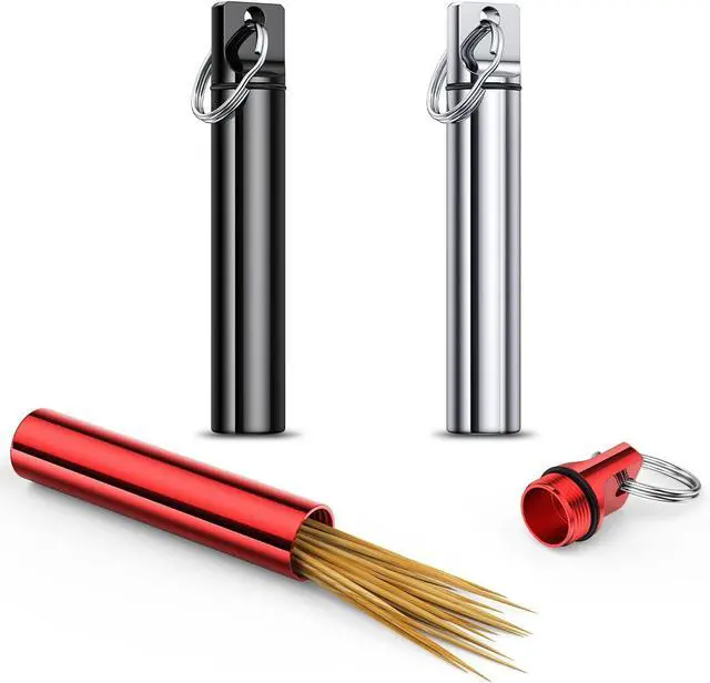 Alt view image 2 of 7 - Metal Portable Toothpick Holder Box 3 Pieces ,Pocket Waterproof Case Toothpicks Container with Keychain for Outdoor Picnic and Camping travel purse Ear Wax Removal Tool Case Needle Holder cotton swab