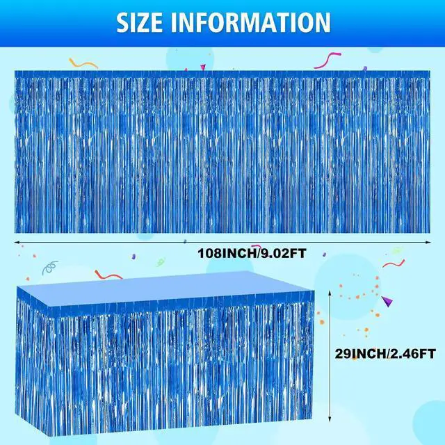 Alt view image 2 of 6 - 2 Pack 29.5x108 Inch Blue Foil Tinsel Fringe Table Skirts, Disposable Table Skirts for Rectangle Tables Curtains Backdrop Parade Wedding Floats Baby Shower Birthday Mardi Gras Party