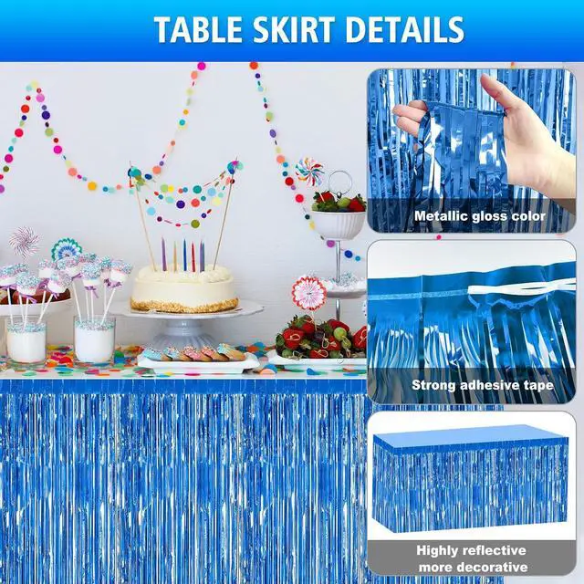 Alt view image 3 of 6 - 2 Pack 29.5x108 Inch Blue Foil Tinsel Fringe Table Skirts, Disposable Table Skirts for Rectangle Tables Curtains Backdrop Parade Wedding Floats Baby Shower Birthday Mardi Gras Party