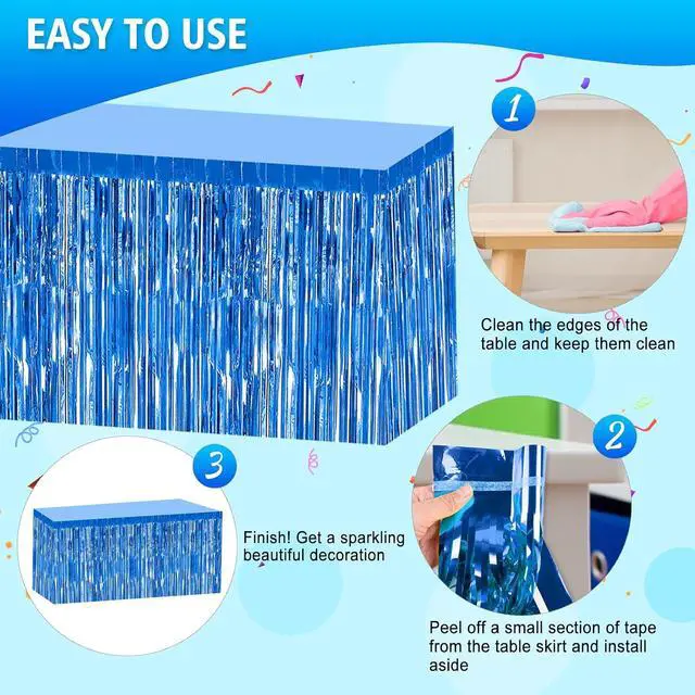 Alt view image 4 of 6 - 2 Pack 29.5x108 Inch Blue Foil Tinsel Fringe Table Skirts, Disposable Table Skirts for Rectangle Tables Curtains Backdrop Parade Wedding Floats Baby Shower Birthday Mardi Gras Party