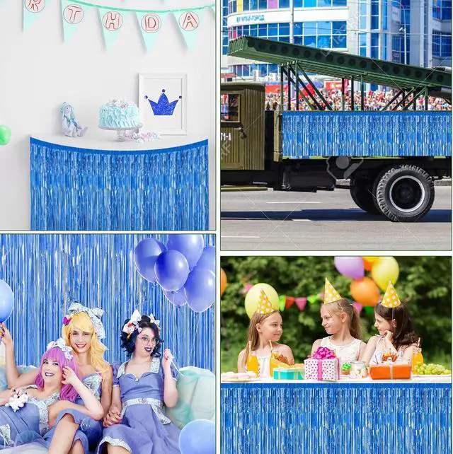 Alt view image 6 of 6 - 2 Pack 29.5x108 Inch Blue Foil Tinsel Fringe Table Skirts, Disposable Table Skirts for Rectangle Tables Curtains Backdrop Parade Wedding Floats Baby Shower Birthday Mardi Gras Party