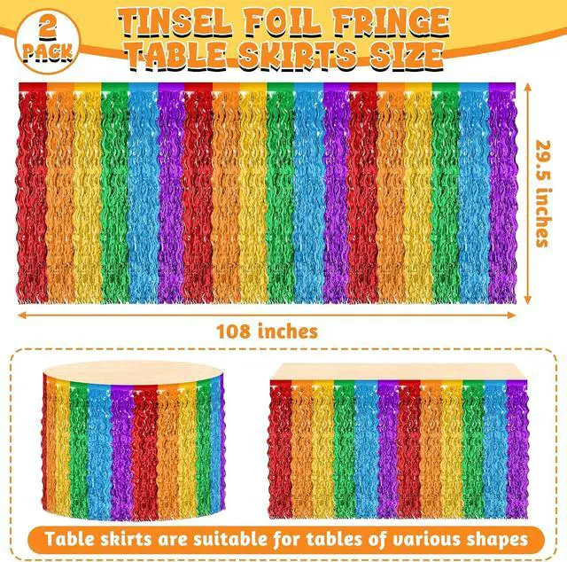 Alt view image 2 of 7 - 2Pack Rainbow Table Skirt Tinsel Fringe for Class Birthday Party Decor | Metallic Foil Fringe, 29.5X108In, Self-Adhesive Tape for Quick Setup, Wavy Rainbow Colors, Perfect for Back to School Decor
