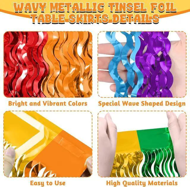 Alt view image 3 of 7 - 2Pack Rainbow Table Skirt Tinsel Fringe for Class Birthday Party Decor | Metallic Foil Fringe, 29.5X108In, Self-Adhesive Tape for Quick Setup, Wavy Rainbow Colors, Perfect for Back to School Decor