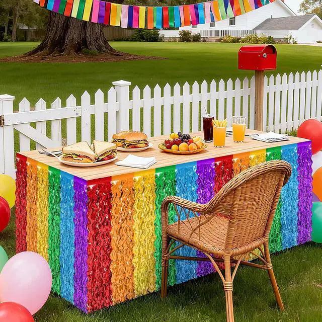 Alt view image 4 of 7 - 2Pack Rainbow Table Skirt Tinsel Fringe for Class Birthday Party Decor | Metallic Foil Fringe, 29.5X108In, Self-Adhesive Tape for Quick Setup, Wavy Rainbow Colors, Perfect for Back to School Decor