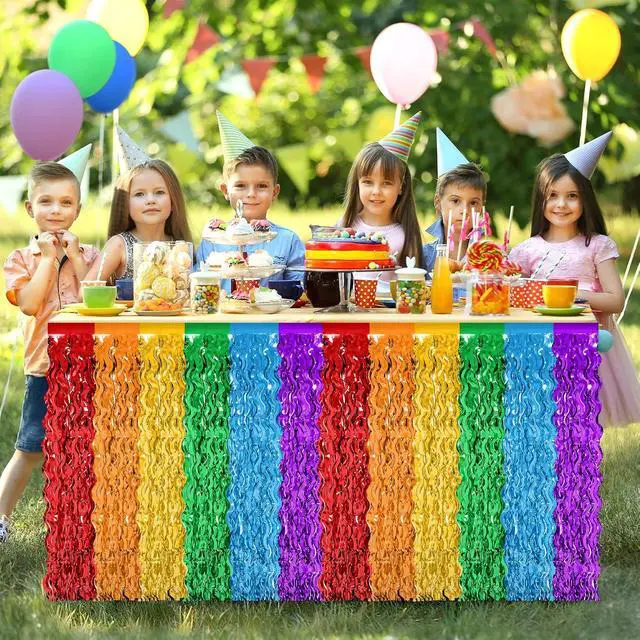 Alt view image 5 of 7 - 2Pack Rainbow Table Skirt Tinsel Fringe for Class Birthday Party Decor | Metallic Foil Fringe, 29.5X108In, Self-Adhesive Tape for Quick Setup, Wavy Rainbow Colors, Perfect for Back to School Decor