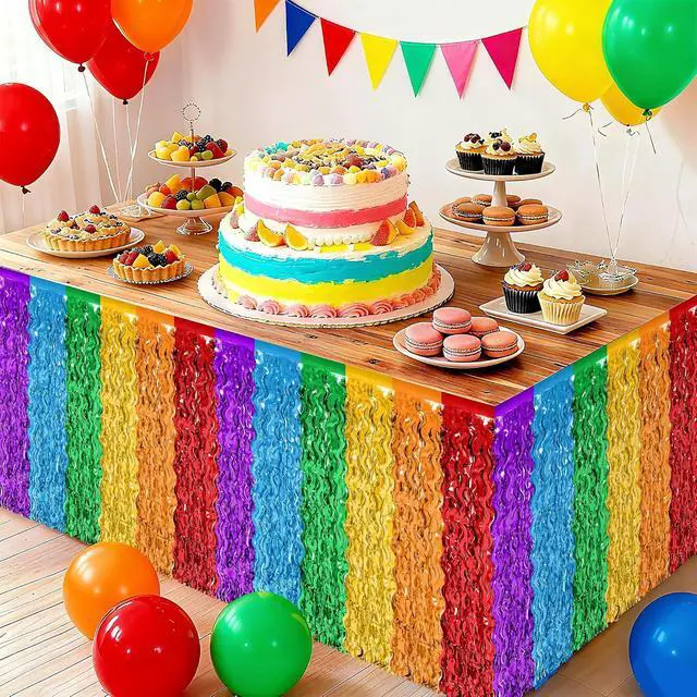 Alt view image 7 of 7 - 2Pack Rainbow Table Skirt Tinsel Fringe for Class Birthday Party Decor | Metallic Foil Fringe, 29.5X108In, Self-Adhesive Tape for Quick Setup, Wavy Rainbow Colors, Perfect for Back to School Decor