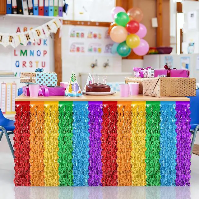 Alt view image 6 of 7 - 2Pack Rainbow Table Skirt Tinsel Fringe for Class Birthday Party Decor | Metallic Foil Fringe, 29.5X108In, Self-Adhesive Tape for Quick Setup, Wavy Rainbow Colors, Perfect for Back to School Decor