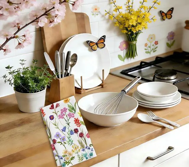 Alt view image 3 of 6 - Wildflower Tea Towels For Kitchen, Vintage Floral Decorative Towel, 01 | Retro Flower Hand Dish Towels Decorations For Home Bathroom, Pretty Housewarming Gifts For Holiday Thanksgiving Christmas