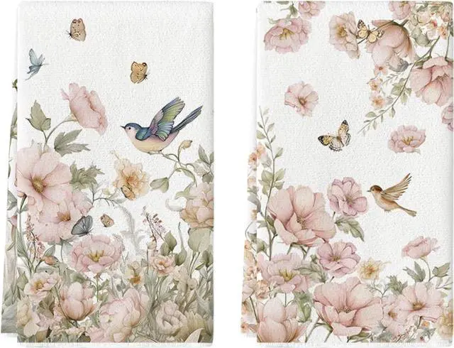 Main image of Artoid Mode Floral Bird Butterfly Spring Kitchen Towels Dish Towels, 18x26 Inch Farmhouse Summer Decoration Cleaning Set of 2