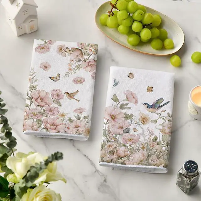 Alt view image 3 of 6 - Artoid Mode Floral Bird Butterfly Spring Kitchen Towels Dish Towels, 18x26 Inch Farmhouse Summer Decoration Cleaning Set of 2