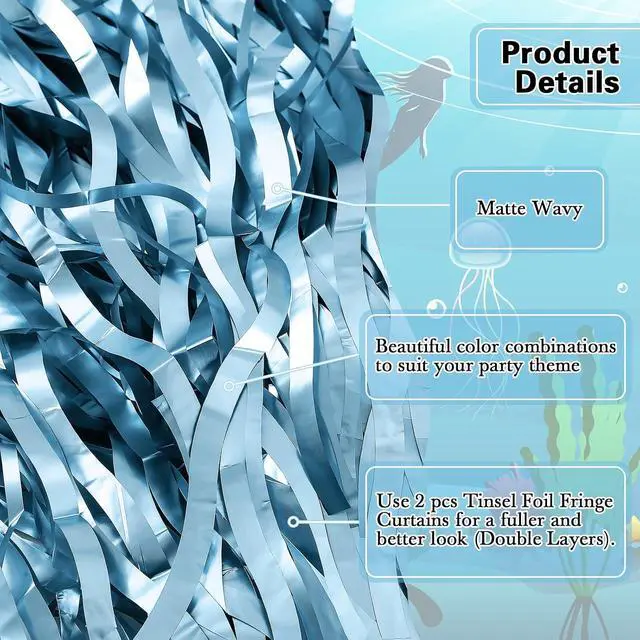 Alt view image 3 of 7 - Teenyyou 2 Pack Shiny Wavy Tinsel Foil Fringe Table Skirts Table Decorations for Mermaid Birthday Decorations, Summer Beach Theme, Ocean Tropical Shark Luau Birthday Party Decor(Light Blue)