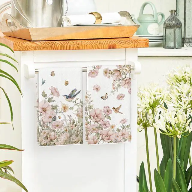 Alt view image 4 of 6 - Artoid Mode Floral Bird Butterfly Spring Kitchen Towels Dish Towels, 18x26 Inch Farmhouse Summer Decoration Cleaning Set of 2