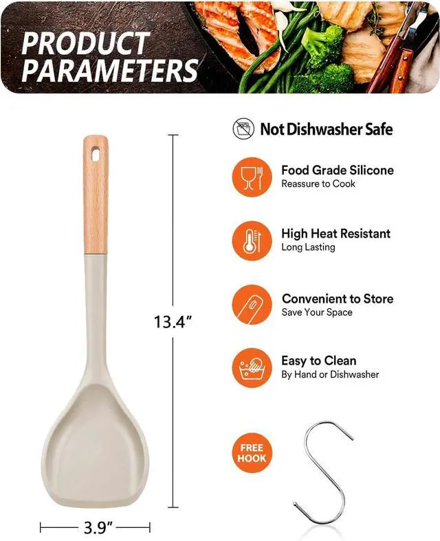 Alt view image 2 of 7 - Badiano Nonstick Silicone Wok Spatula, Flexible Edge for Pans,13 in, Khaki | Food Grade,Slip Resistant comfortable Wooden Handle, Heat Resistant BPA-Free Kitchen Spatulas for Cooking