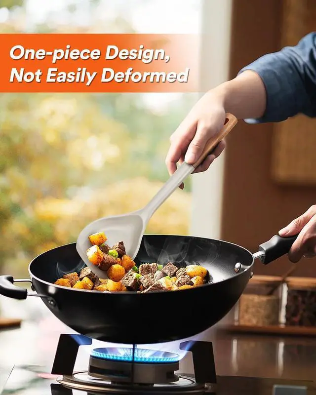 Alt view image 3 of 7 - Badiano Nonstick Silicone Wok Spatula, Flexible Edge for Pans,13 in, Khaki | Food Grade,Slip Resistant comfortable Wooden Handle, Heat Resistant BPA-Free Kitchen Spatulas for Cooking