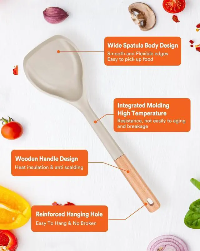 Alt view image 4 of 7 - Badiano Nonstick Silicone Wok Spatula, Flexible Edge for Pans,13 in, Khaki | Food Grade,Slip Resistant comfortable Wooden Handle, Heat Resistant BPA-Free Kitchen Spatulas for Cooking
