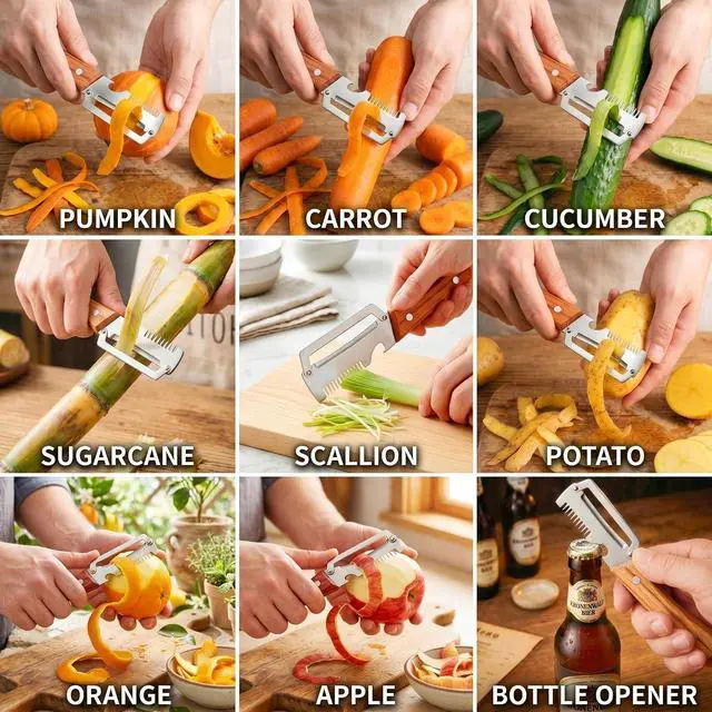 Alt view image 3 of 7 - Multifunctional Vegetable Peeler for Kitchen, Stainless Steel Fruit Peeler | 3 in 1 Wooden Handle and Bottle Opener Fruit Peeler Knife Scallion Shredder,Zero Snag Wooden Kitchen Tool