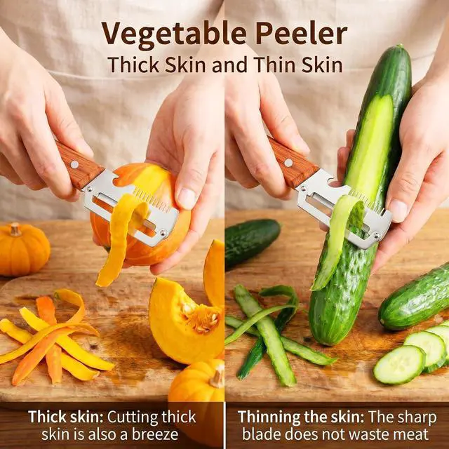 Alt view image 4 of 7 - Multifunctional Vegetable Peeler for Kitchen, Stainless Steel Fruit Peeler | 3 in 1 Wooden Handle and Bottle Opener Fruit Peeler Knife Scallion Shredder,Zero Snag Wooden Kitchen Tool