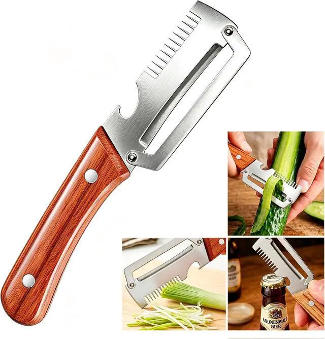 Main image of Multifunctional Vegetable Peeler for Kitchen, Stainless Steel Fruit Peeler | 3 in 1 Wooden Handle and Bottle Opener Fruit Peeler Knife Scallion Shredder,Zero Snag Wooden Kitchen Tool