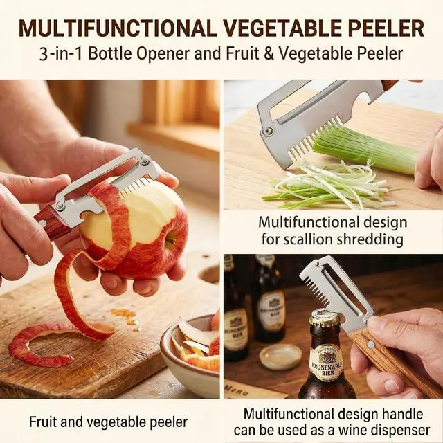 Alt view image 2 of 7 - Multifunctional Vegetable Peeler for Kitchen, Stainless Steel Fruit Peeler | 3 in 1 Wooden Handle and Bottle Opener Fruit Peeler Knife Scallion Shredder,Zero Snag Wooden Kitchen Tool